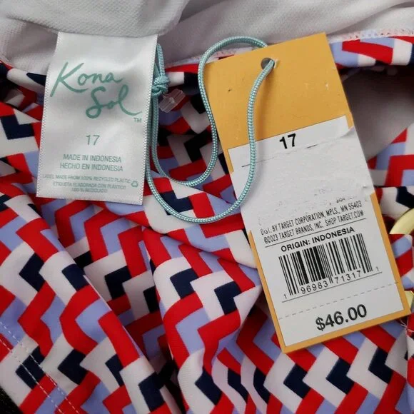 Women's Kona Sol Red Blue Chevron Print One Piece Swimsuit Size 17 NWT - Picture 7 of 7